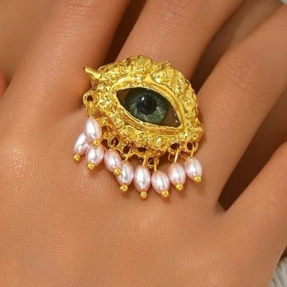 Gold Eye Statement Ring with Pearls
